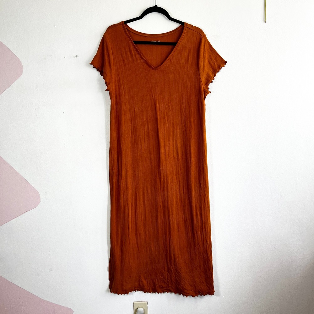 Garnet Hill Orange Lettuce Hem Maxi Dress Large Womens Cotton Tencel V Neck